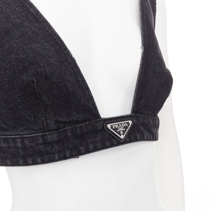 PRADA 2022 dark grey denim black triangle logo plaque bralette crop top IT42 M
