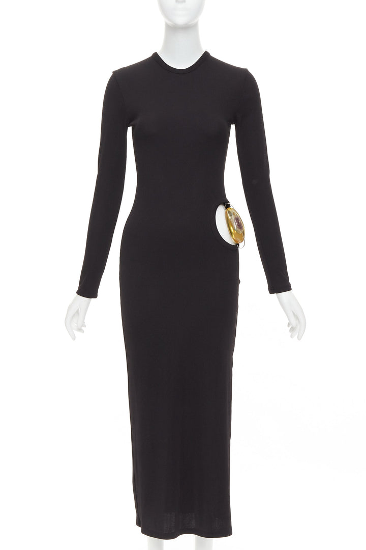CHRISTOPHER ESBER black ribbed brown floral acrylic cut out bodycon dress UK6 XS