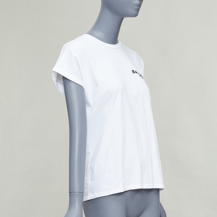 BALMAIN white cotton black logo felt print cap roll sleeve tshirt XS