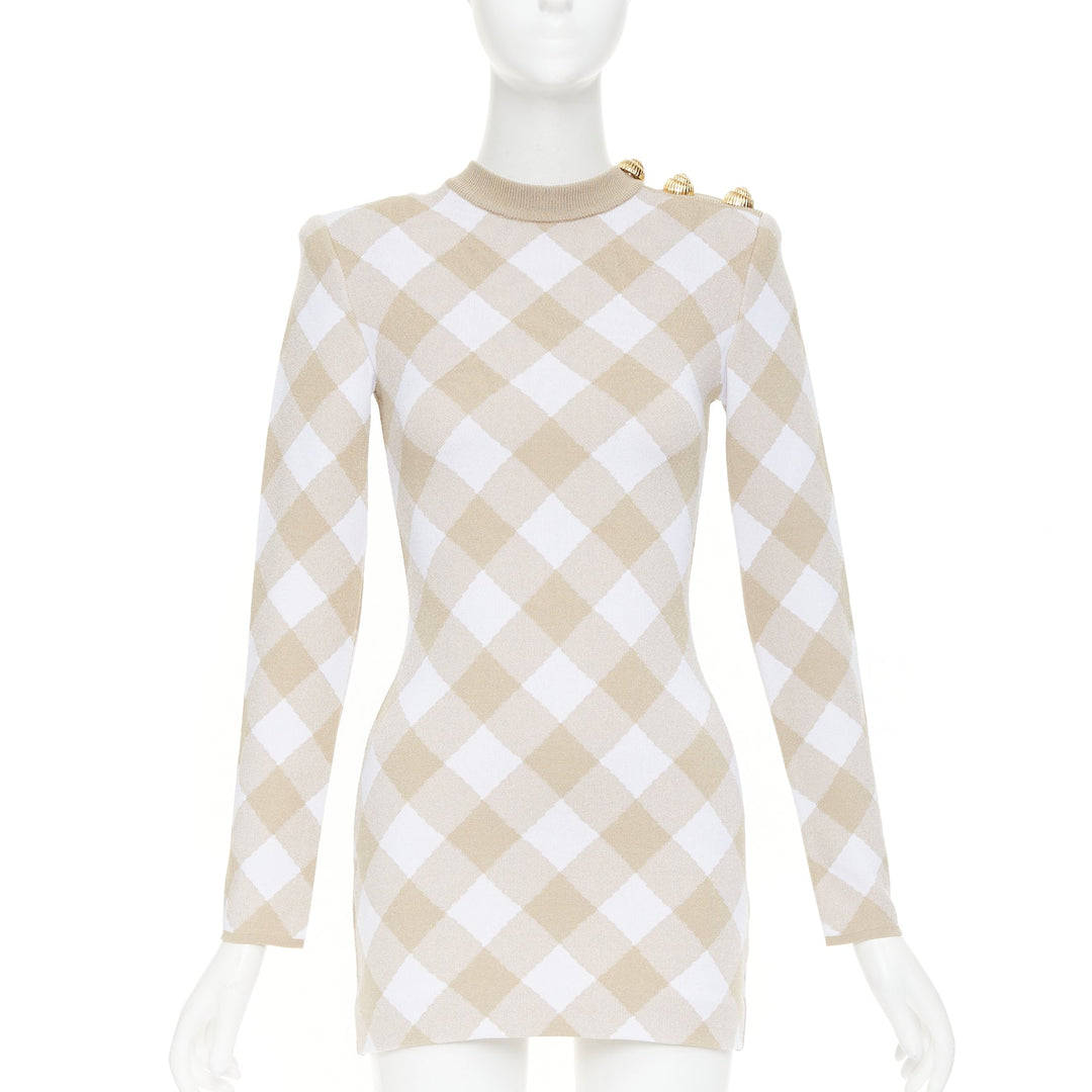 BALMAIN Vichy nude white gingham checkered dress gold buttons dress FR34 XS