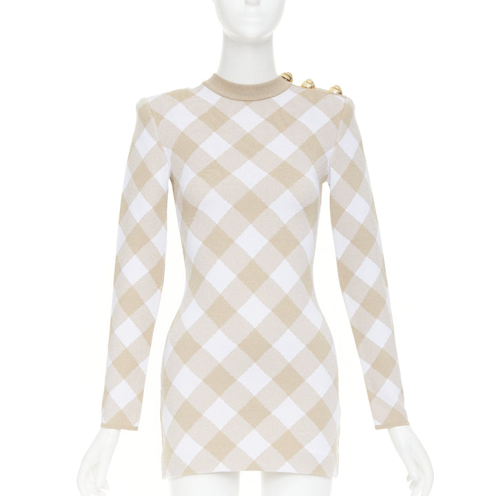 BALMAIN Vichy nude white gingham checkered dress gold buttons dress FR34 XS