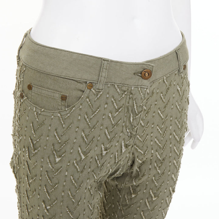 ALEXANDER MCQUEEN 2002 khaki green distressed cotton chevron jeans IT38 XS