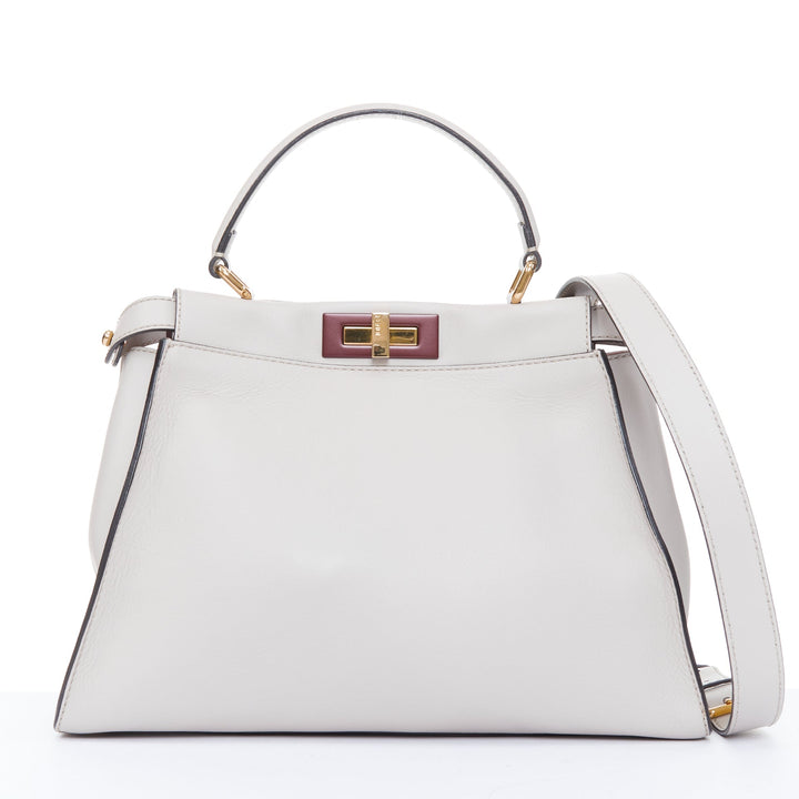 FENDI Peekaboo Medium Selleria Leather taupe grey enamel hardware top handle bag
