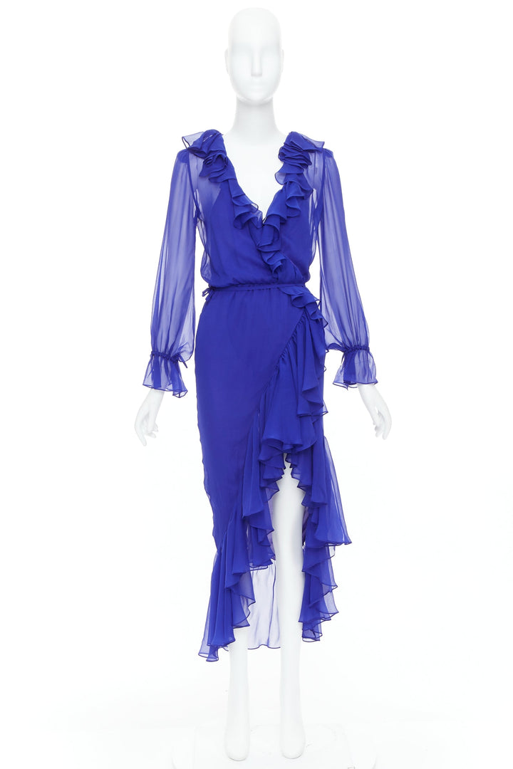 SAINT LAURENT 2020 Runway cobalt blue 100% silk ruffle wrap dress FR42 XL