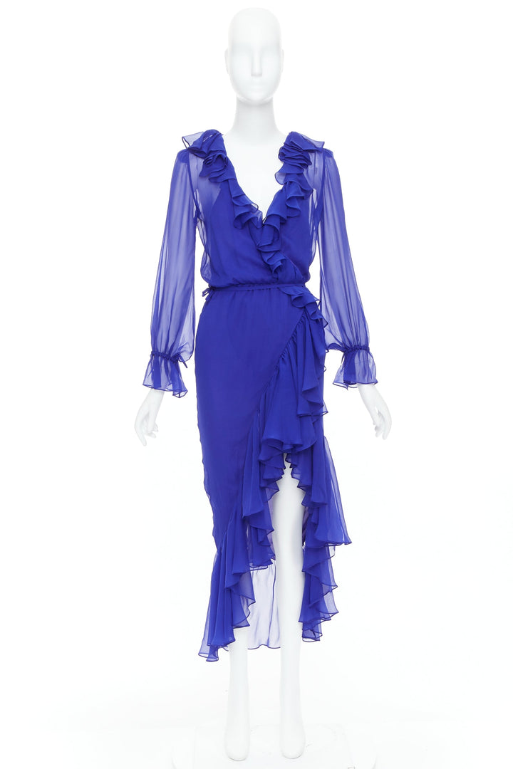 SAINT LAURENT 2020 Runway Majorelle Blue silk ruffle wrap dress FR38 S