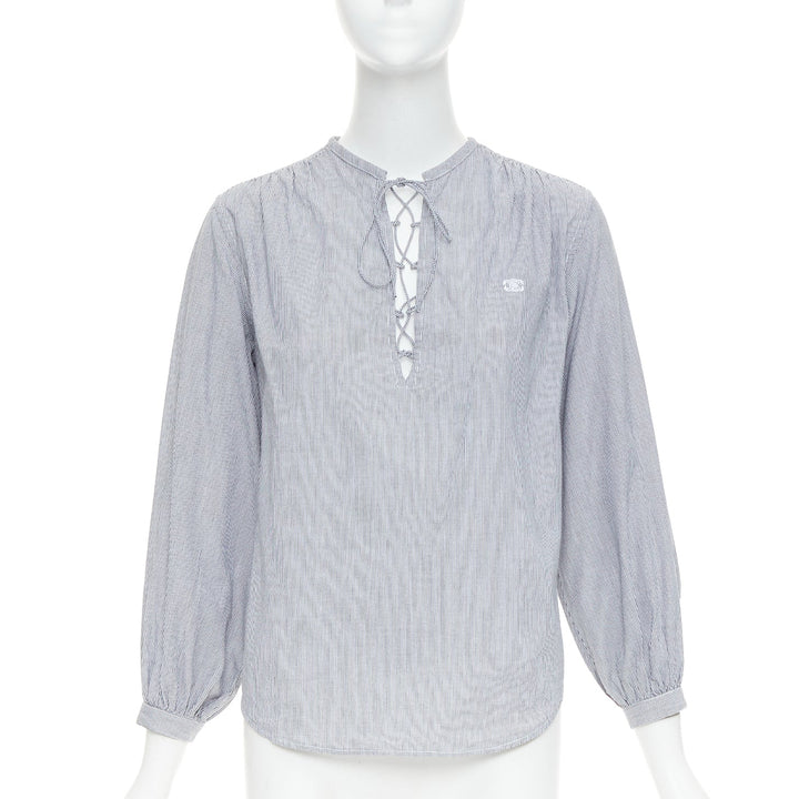 CELINE Romy grey white striped cotton voile lace up front anagram blouse FR36 S
