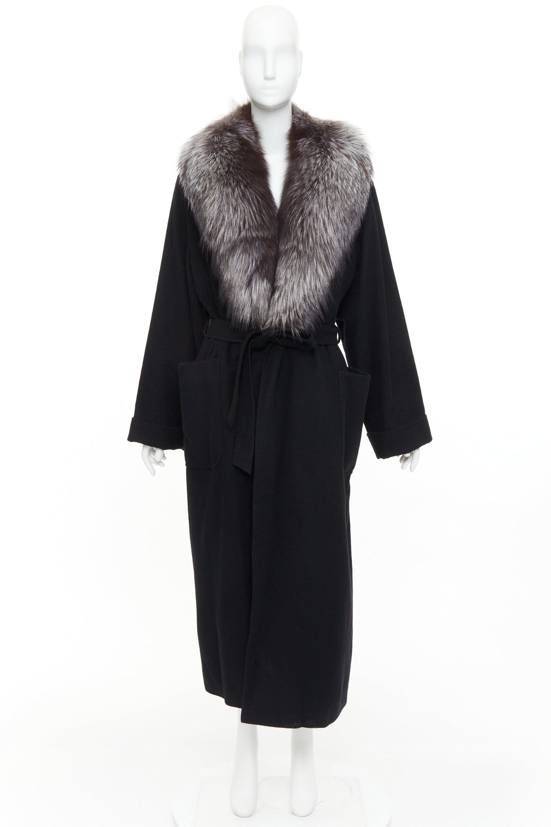 ESCADA Vintage black 100% cashmere brown fur collar belted long coat IT42 M