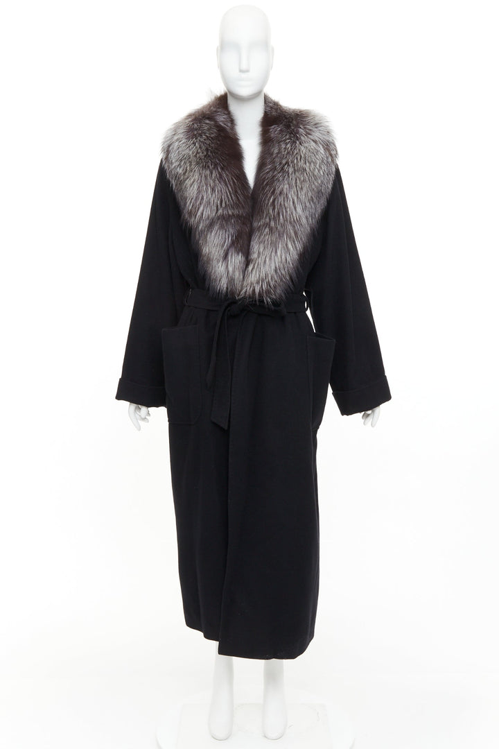 ESCADA Vintage black 100% cashmere brown fur collar belted long coat IT42 M