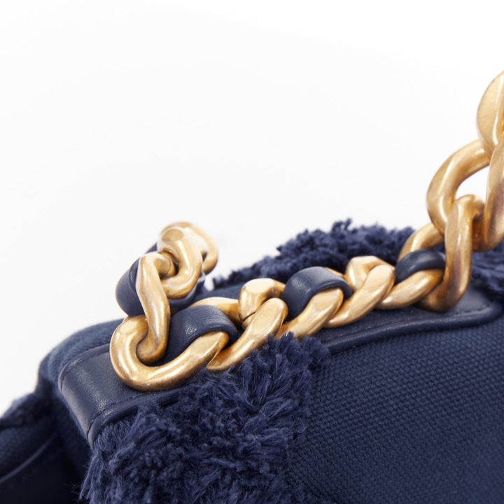 CHANEL 2021 19 navy cotton canvas fringe quilted mixed chain flap bag