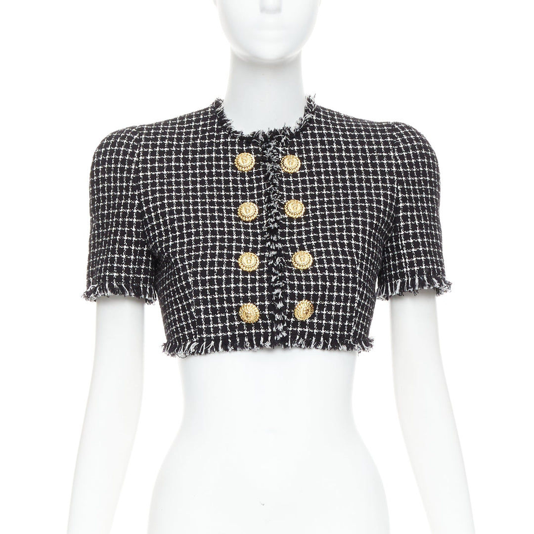 BALMAIN 2024 black white tweed lionhead buttons cropped jacket FR34 XS