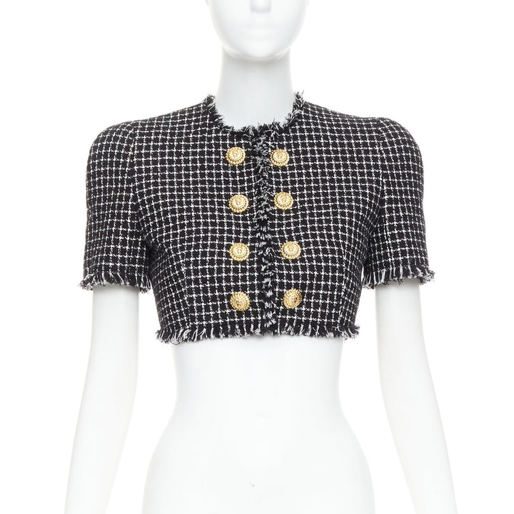 BALMAIN 2024 black white tweed lionhead buttons cropped jacket FR34 XS