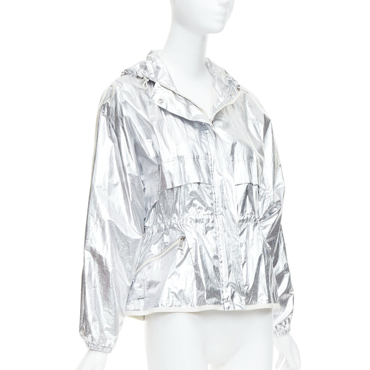 MONCLER silver coated cotton ruched waist hooded windbreaker Sz2
