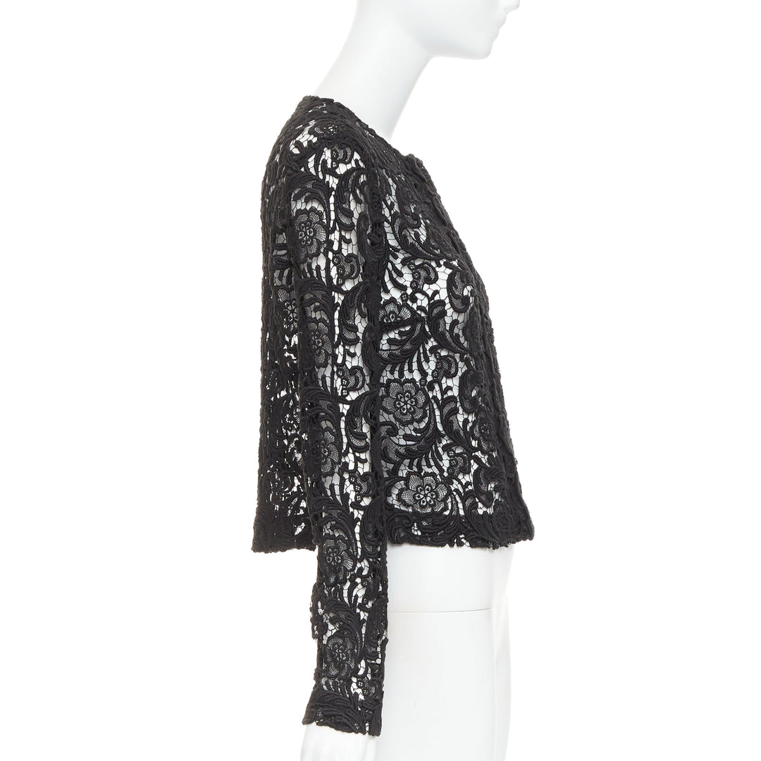 rare PRADA 2008 Vintage black 3D guipure  sheer lace cropped jacket IT40 S