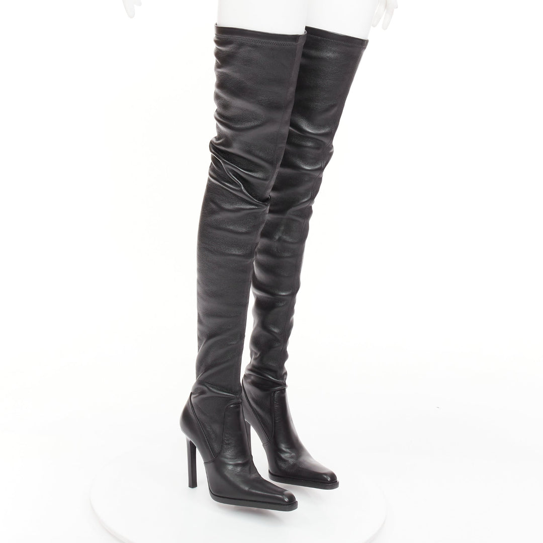 SAINT LAURENT 2020 Runway Niki black leather square toe over the knee boots EU39