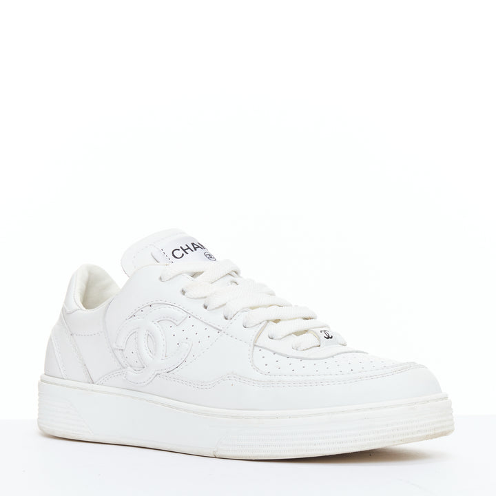 CHANEL 23A white CC logo leather panels leather casual sneakers EU37.5