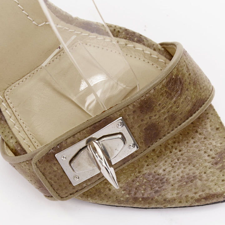 GIVENCHY 2012 Runway Shark Lock khaki textured leather turnlock sandals EU38