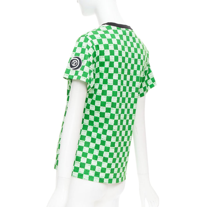 LOUIS VUITTON Damier green white cotton LV print chain detail tshirt XS