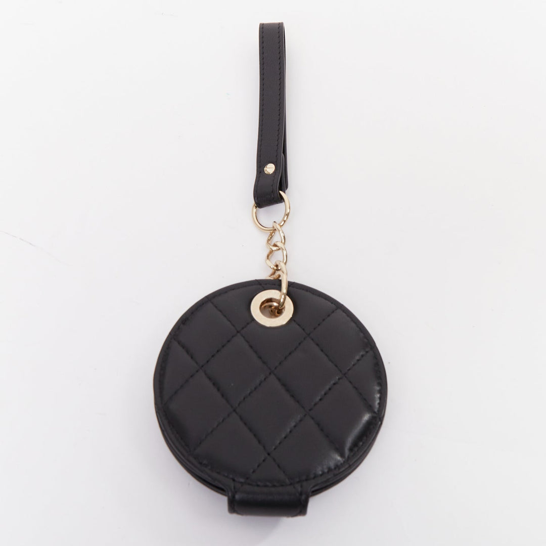 CHANEL black quilted lambskin leather CC logo chain round luggage tag