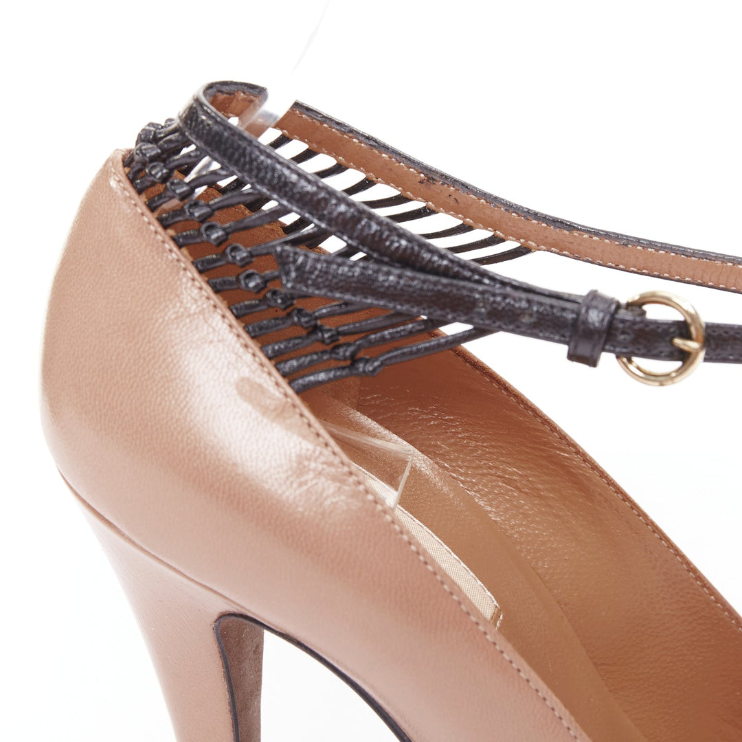 VALENTINO 2011 Runway brown feather print pony hair ankle strap pumps EU37