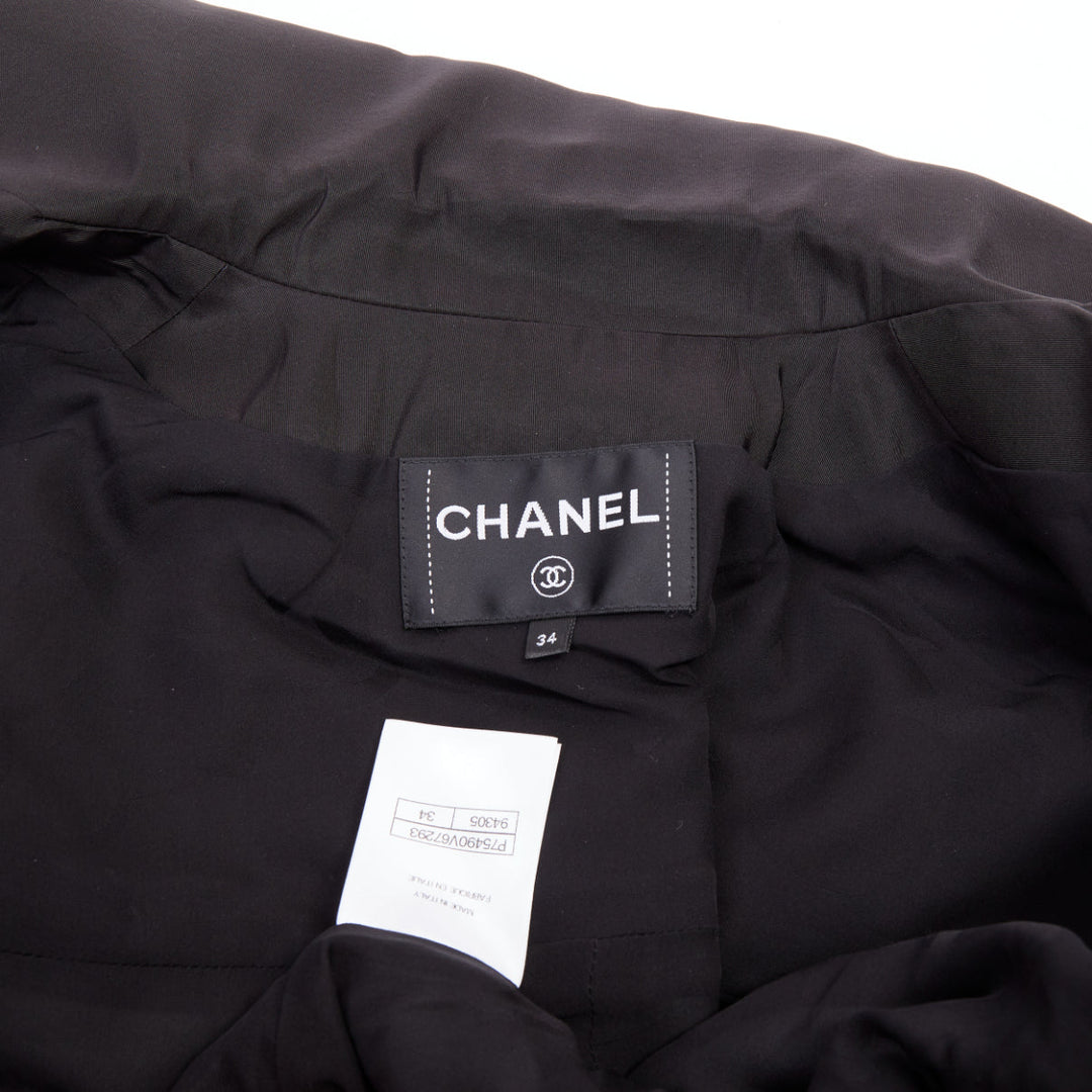 CHANEL 2023 black silk flap pocket gold chain drawstring utility jacket FR34 XS