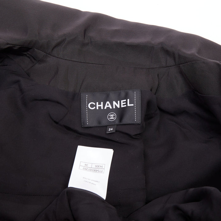 CHANEL 2023 black silk flap pocket gold chain drawstring utility jacket FR34 XS