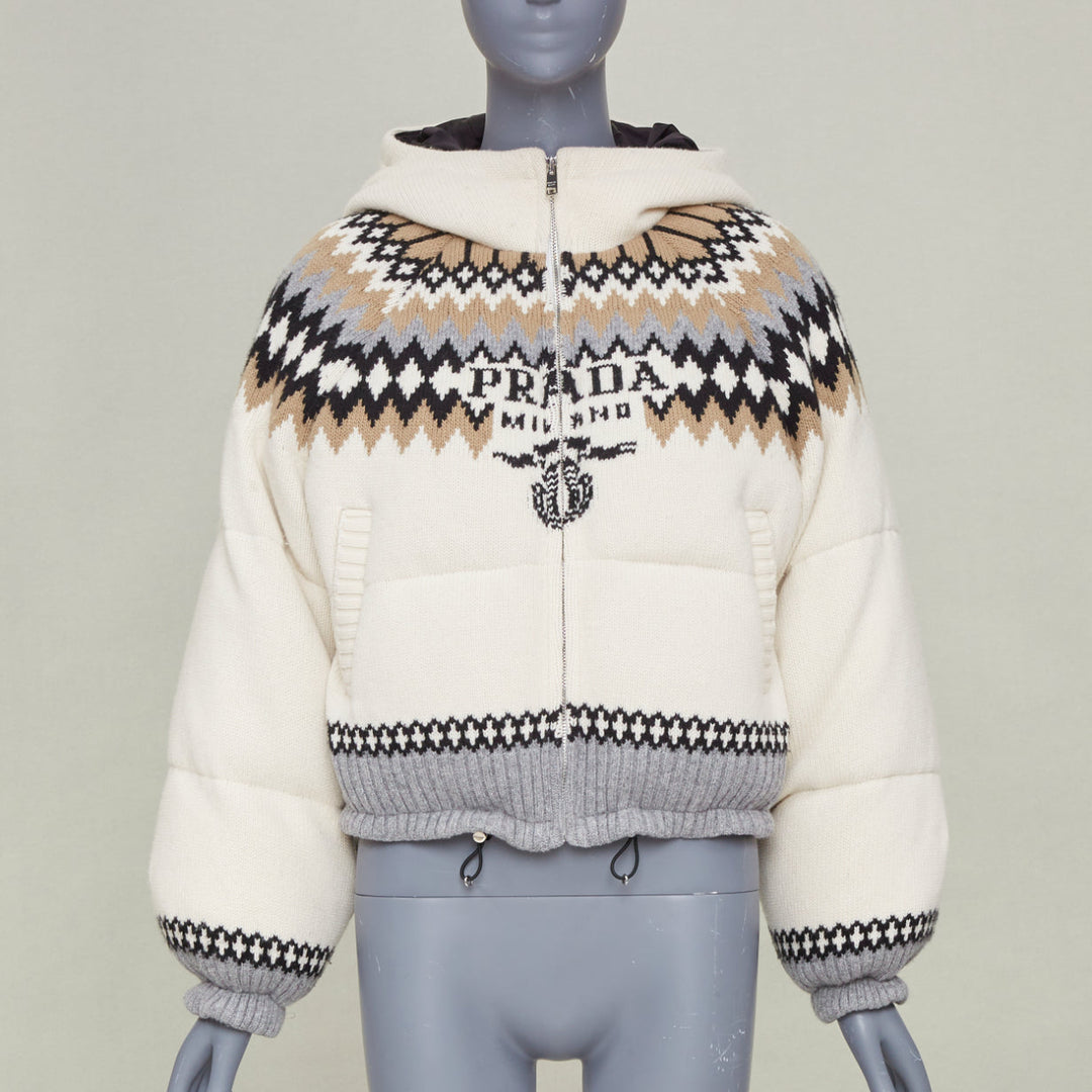 PRADA 2021 On Ice Jacquard Intarsia Logo ivory wool blend puffer jacket IT42 M