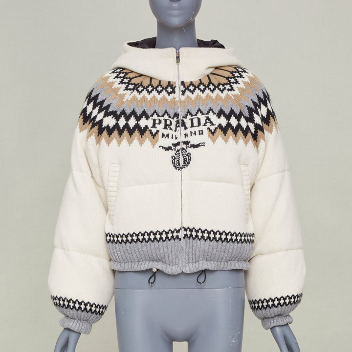 PRADA 2021 On Ice Jacquard Intarsia Logo ivory wool blend puffer jacket IT42 M