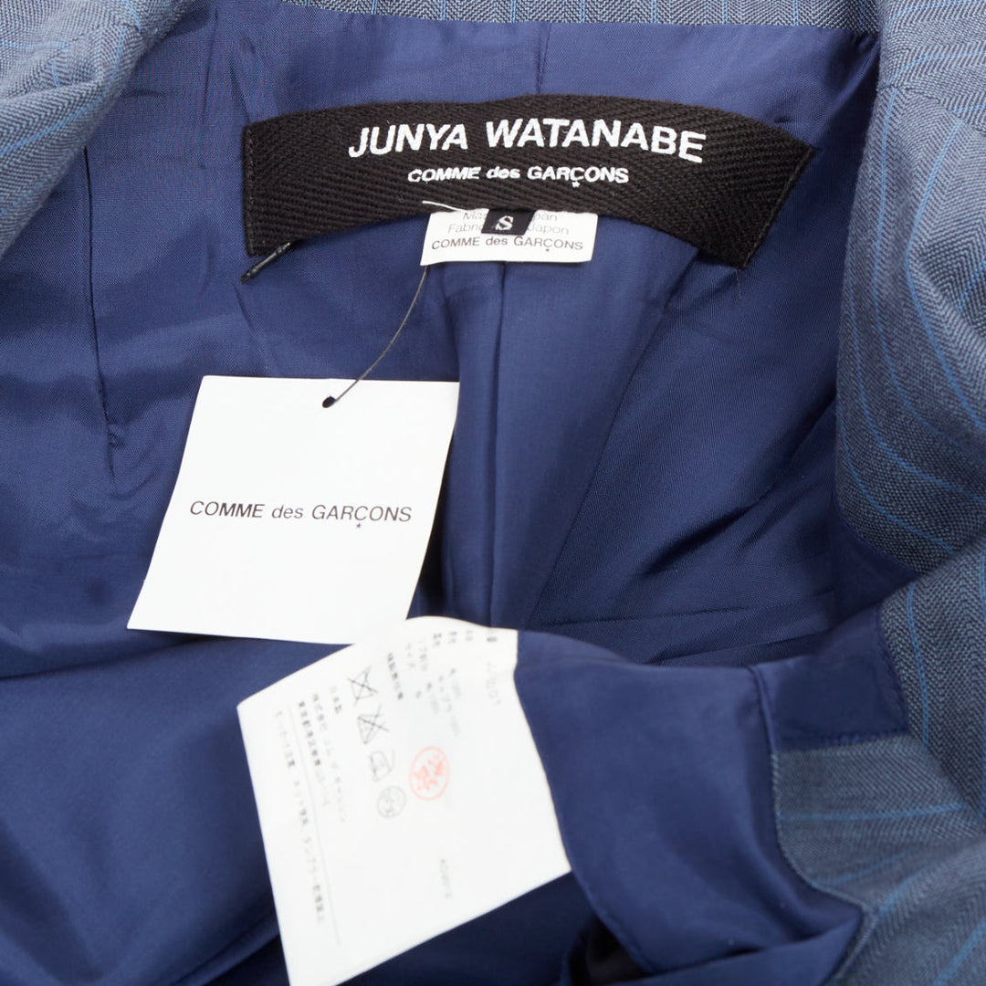 JUNYA WATANABE 2012 Runway blue wool pinstriped tromp loeil seam long coat S