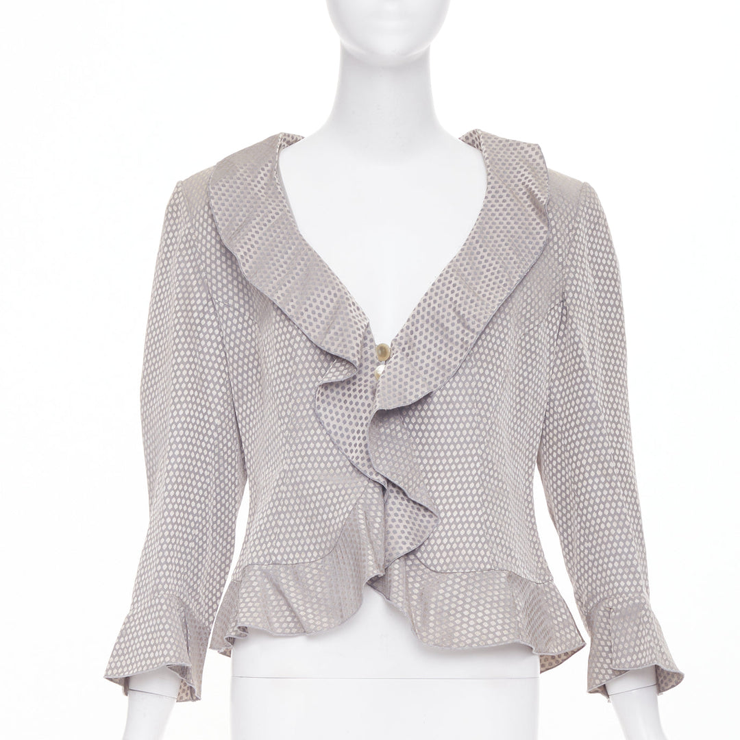 GIORGIO ARMANI grey honeycomb woven linen blend ruffle cropped jacket IT46 L