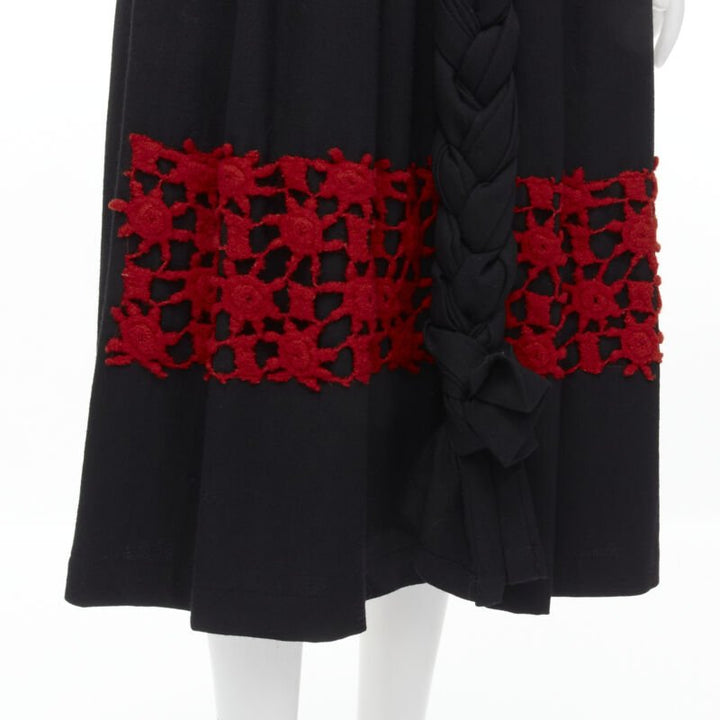 Runway COMME DES GARCONS Vintage 1988 black wool braid red embroidery skirt M