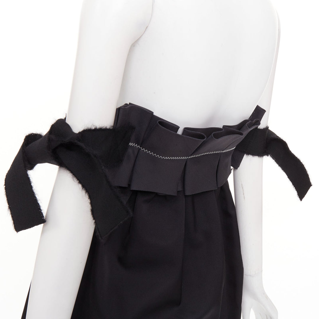 GIAMBATTISTA VALLI black wool strapless ruffled tie sleeve flared dress IT40 XS
