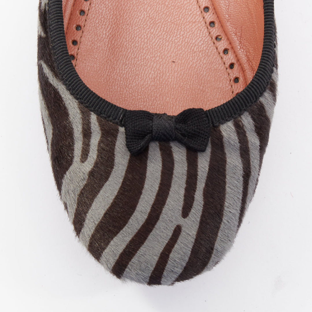 ALAIA grey black calf hair zebra print black grosgrain bow ballet flats EU37