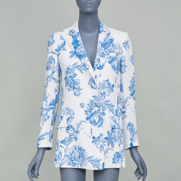 OSCAR DE LA RENTA R19 ivory blue floral toile silk blend blazer jacket US0 XS