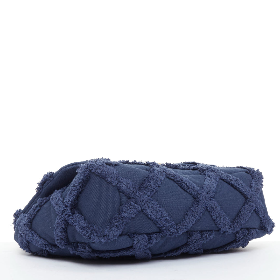 CHANEL 2021 19 navy cotton canvas fringe quilted mixed chain flap bag
