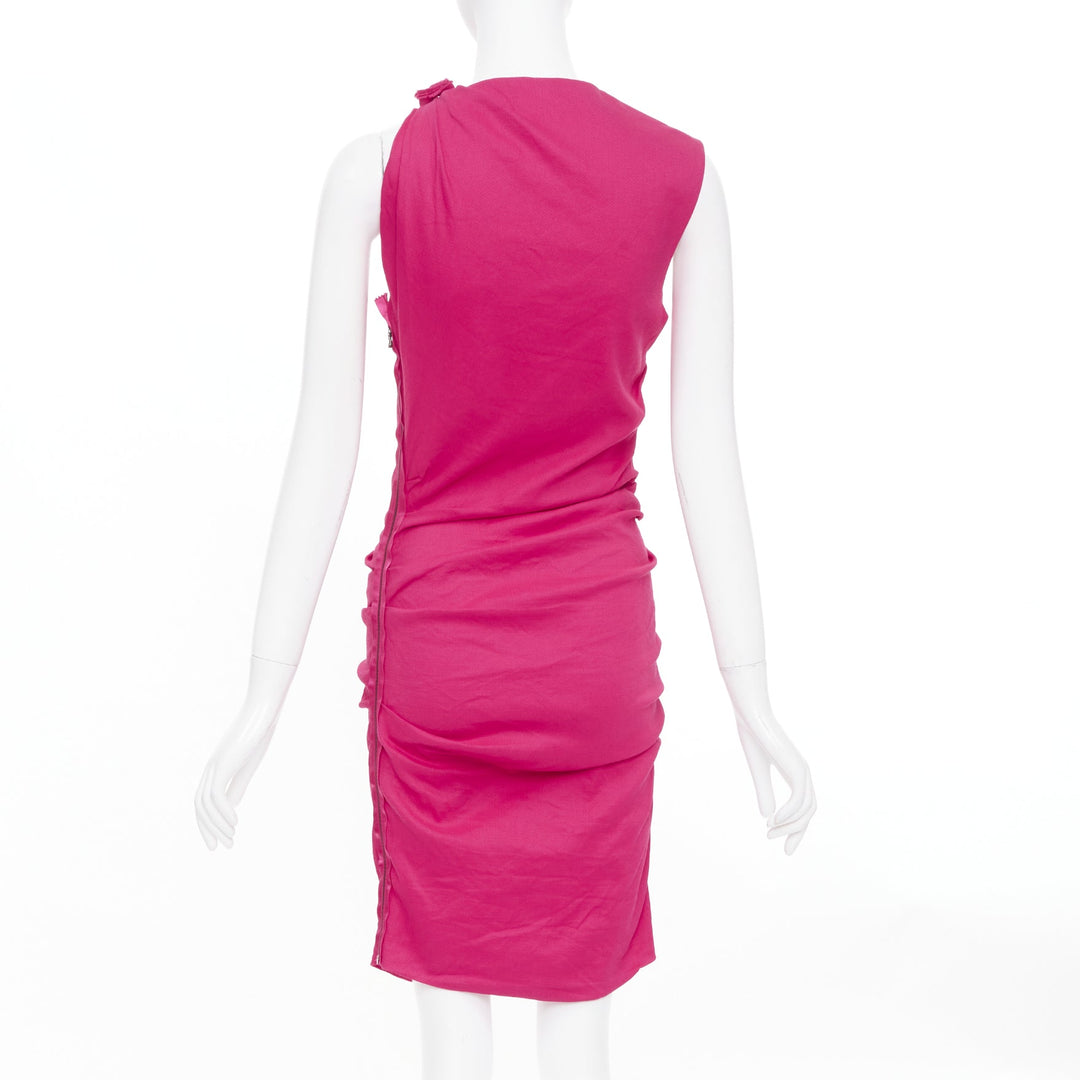 LANVIN 2014 hot pink linen draped asymmetric shoulder cocktail dress FR38 M
