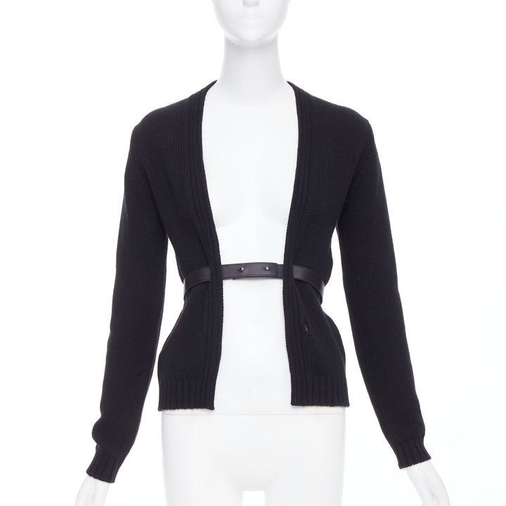 HERMES black 100% cashmere lambskin leather belted knit cardigan FR34 XS