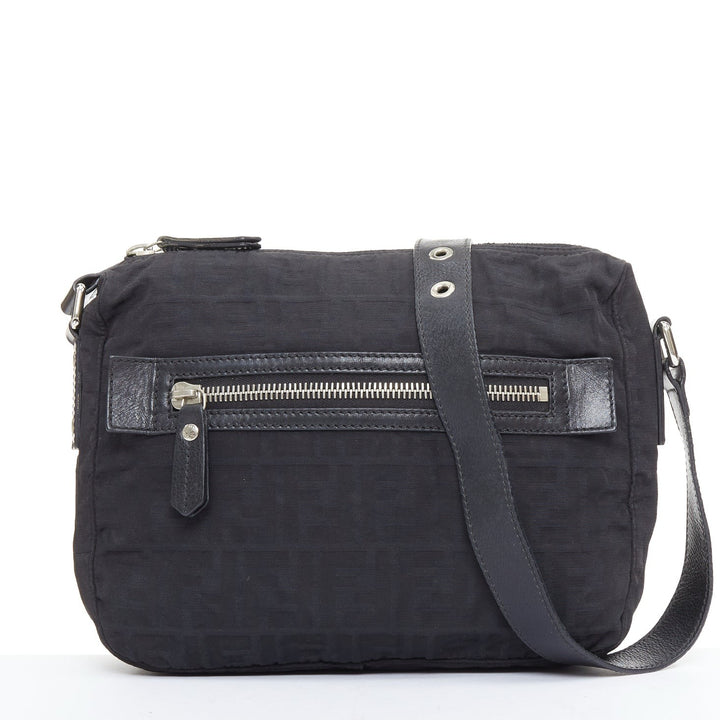 FENDI Vintage black FF Zucca monogram leather trim crossbody messenger bag