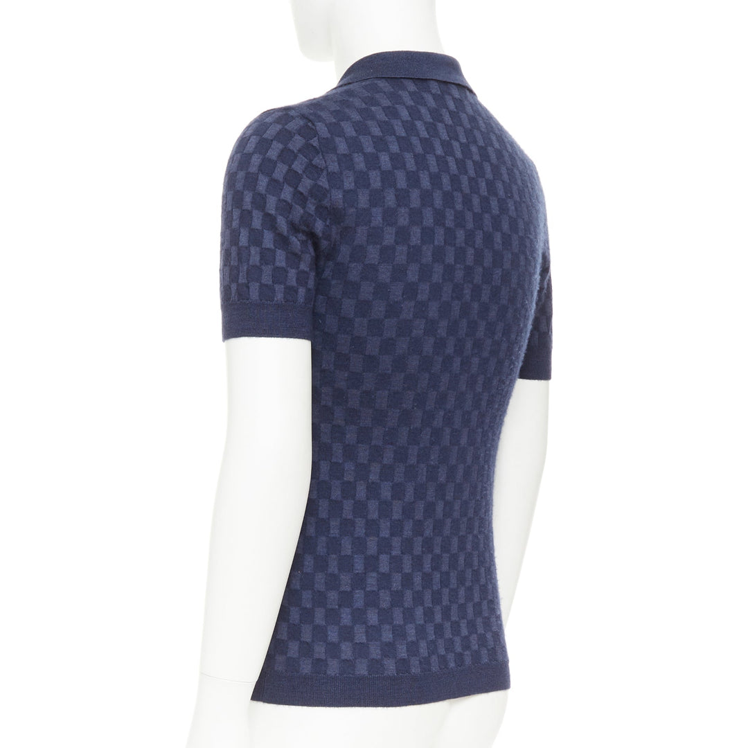 LOUIS VUITTON navy cashmere silk Damier checked knit polo shirt S