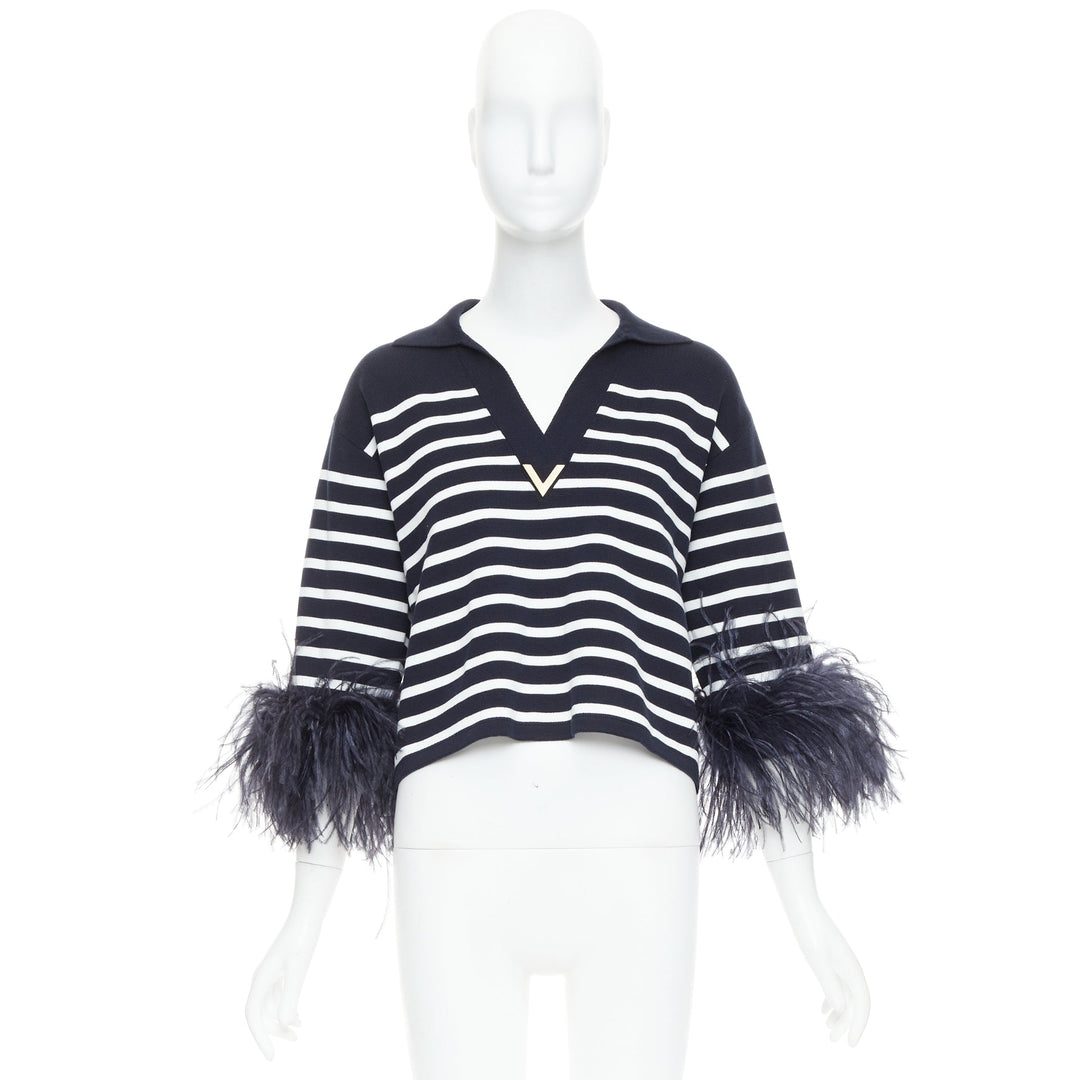 VALENTINO 2024 VGold navy white striped ostrich feather trim sleeve polo top XS
