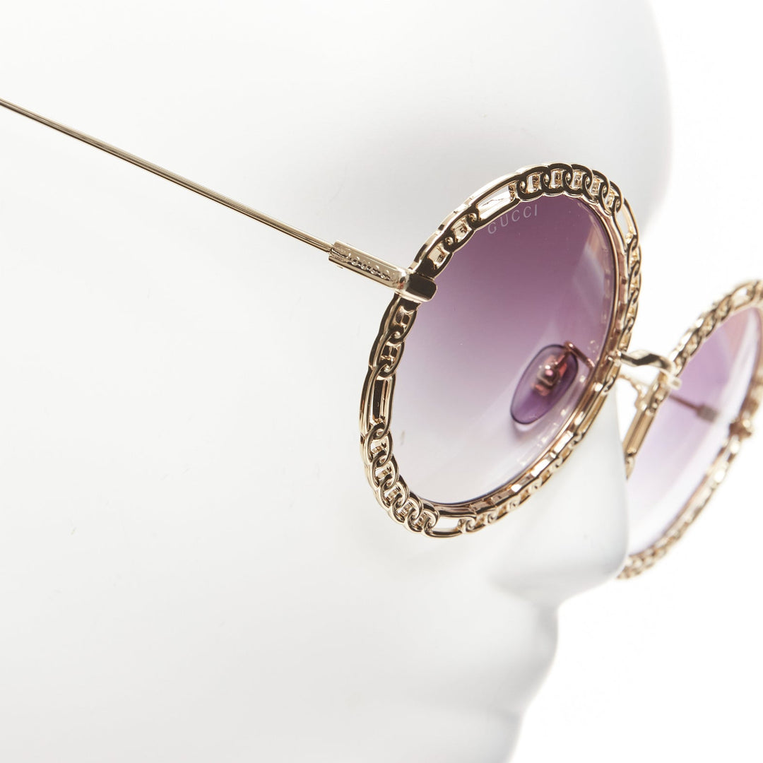 GUCCI GG1113S gold chain rim purple ombre lens round oversized sunnies