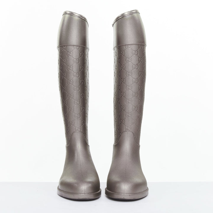 GUCCI silver GG logo monogram rubber flat tall rainboots EU36