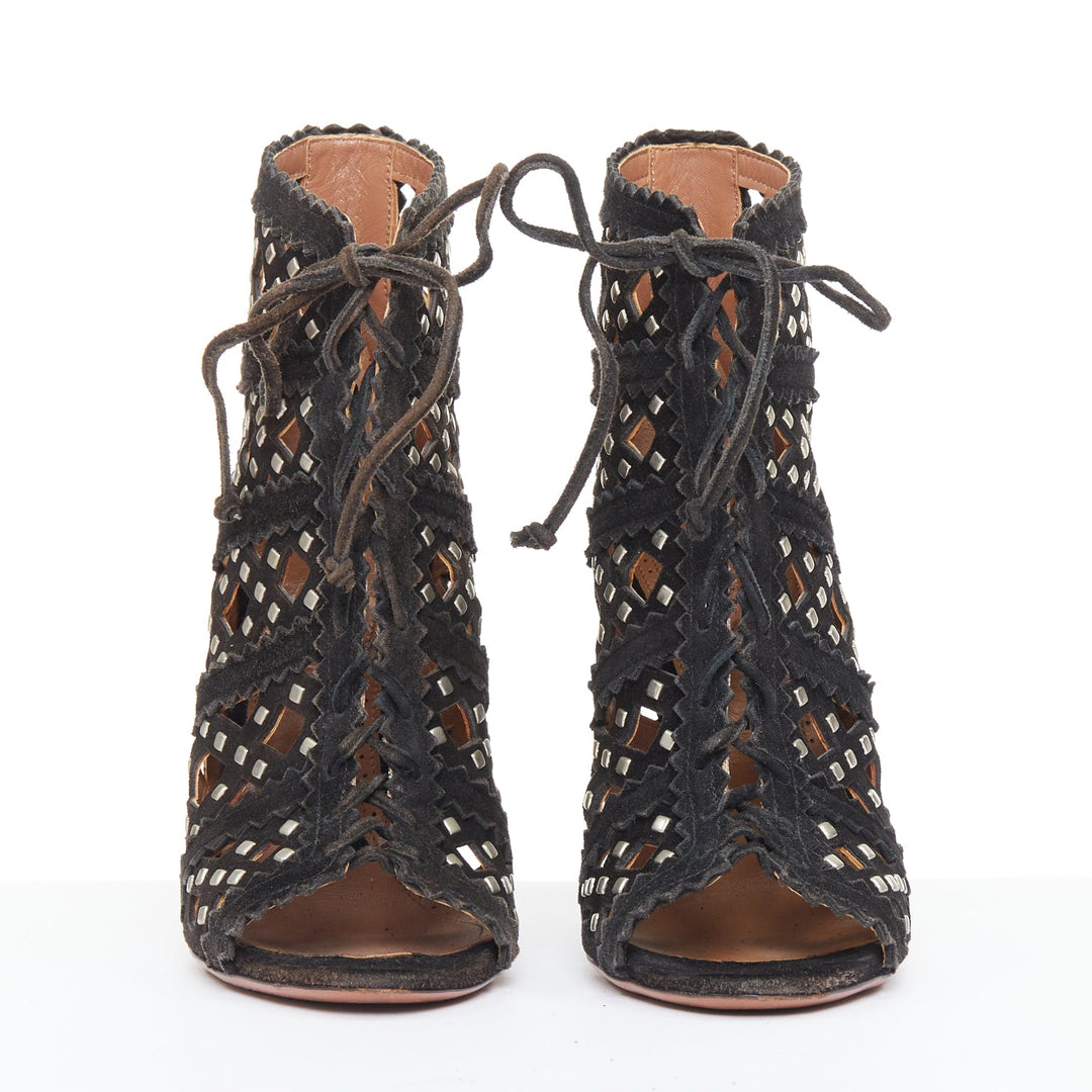 ALAIA black suede laser cut diamond lattice studded cage ankle booties EU35