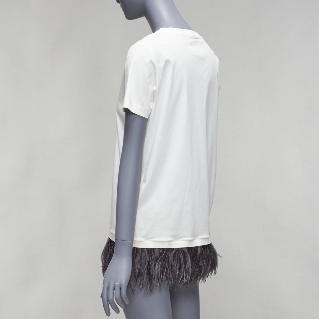 JIL SANDER white cotton black ostrich feather trim crew neck tshirt S