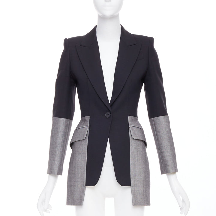 ALEXANDER MCQUEEN 2019 Runway wool silk black grey deconstructed blazer IT36 XXS