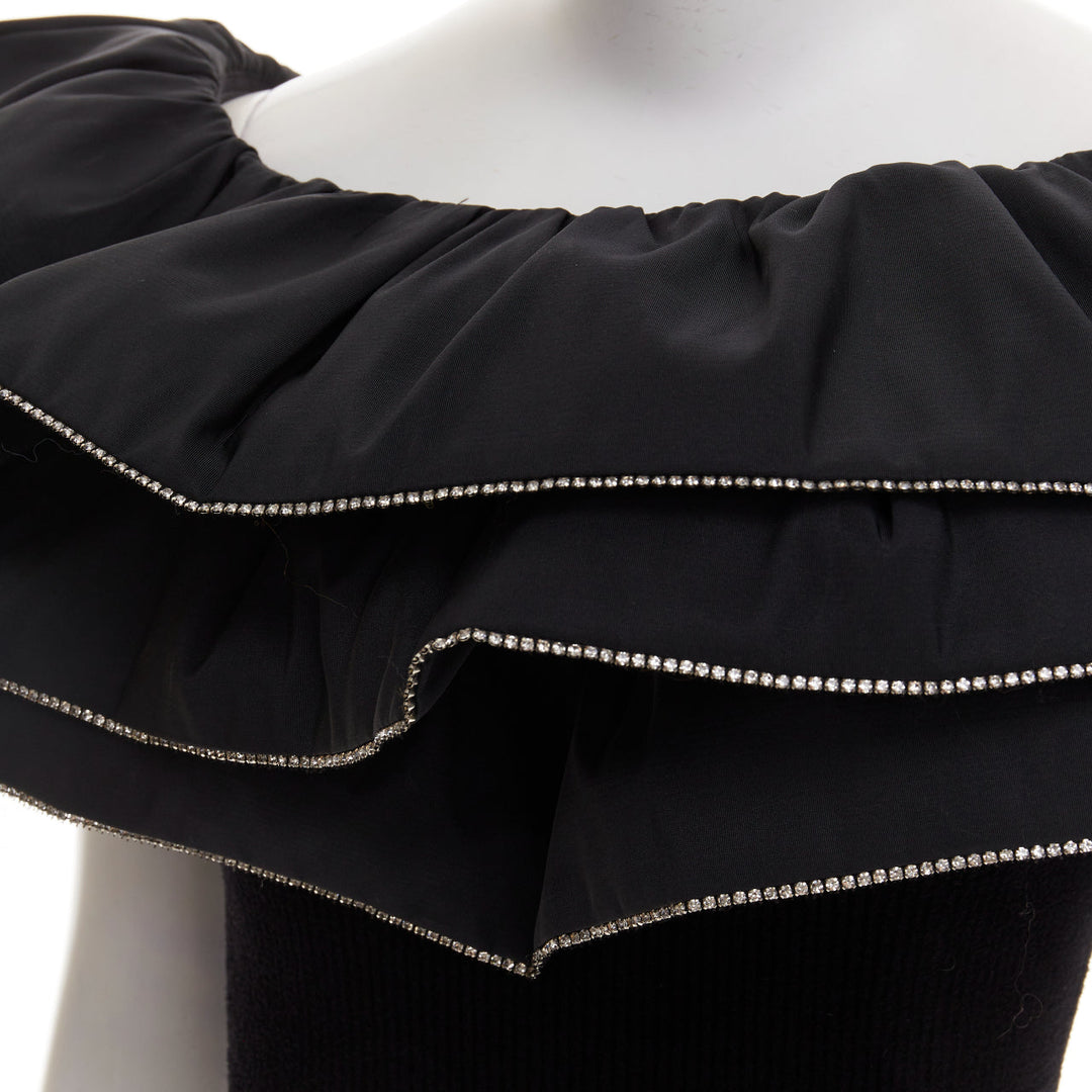 ALEXANDRE VAUTHIER 2024 black ribbed velour knit crystal trim ruffle mini dress