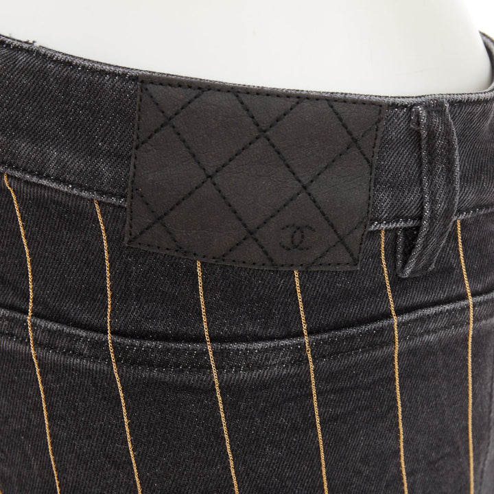 CHANEL washed dark gray gold chain trim bronze cc button straight jeans FR38 M