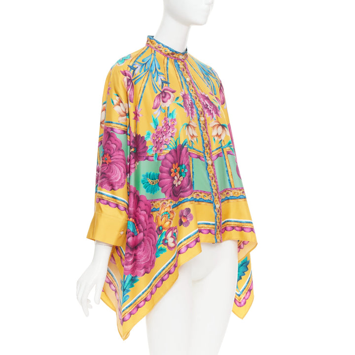 LE DOUBLE J Edition 36 Foulard 100% silk gold pink floral print kaftan shirt XS