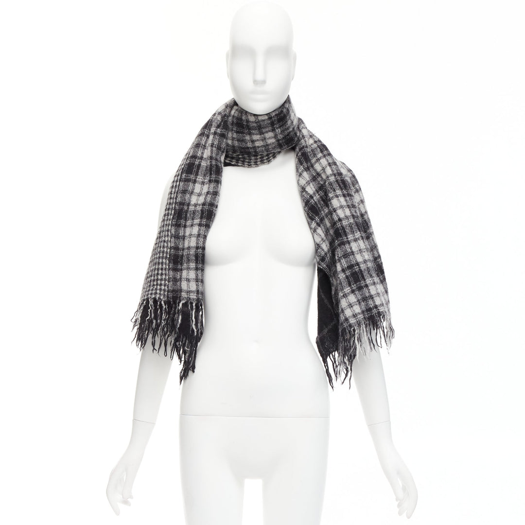 Y'S YOHJI YAMAMOTO grey 100% wool checkered black Y safety pin fringe scarf
