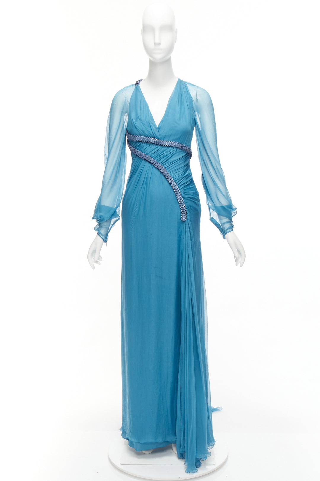 rare VERSACE Runway blue silk pailette embellished sheer sleeves draped gown