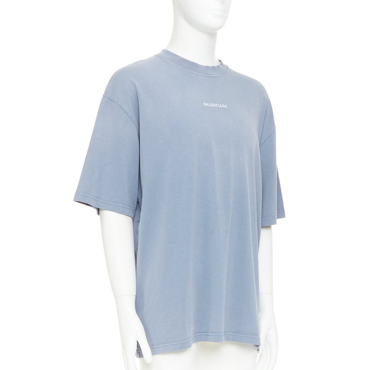 BALENCIAGA 2020 100% wool washed blue logo print crew neck oversized tshirt M